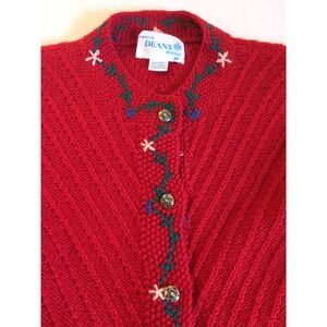 Vtg Wool Red Cardigan Sweater Women L Metal Buttons Embroidered Deans Scotland